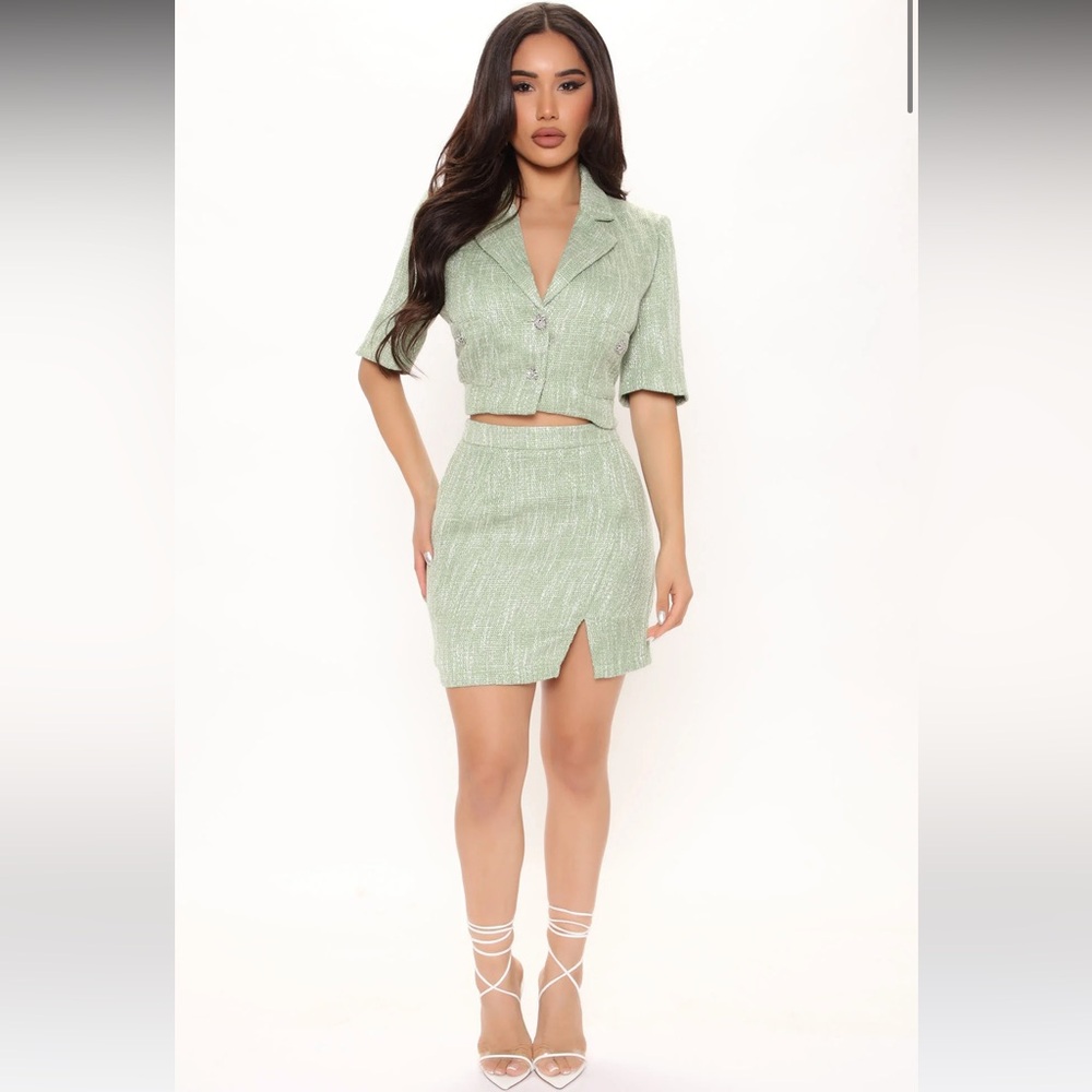 FASHION NOVA Can’t Let You Go Tweed Skirt Matching Set Sage Green SZ Medium NEW